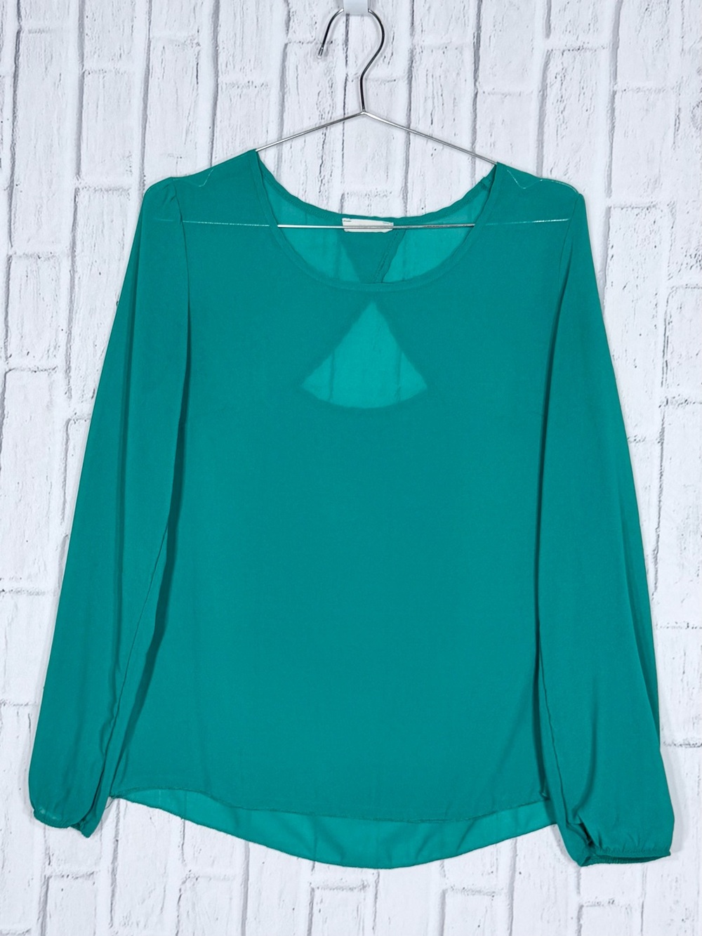 💚 Pearl Teal Green Open Back Sheer Chiffon Blouse Estimated Medium